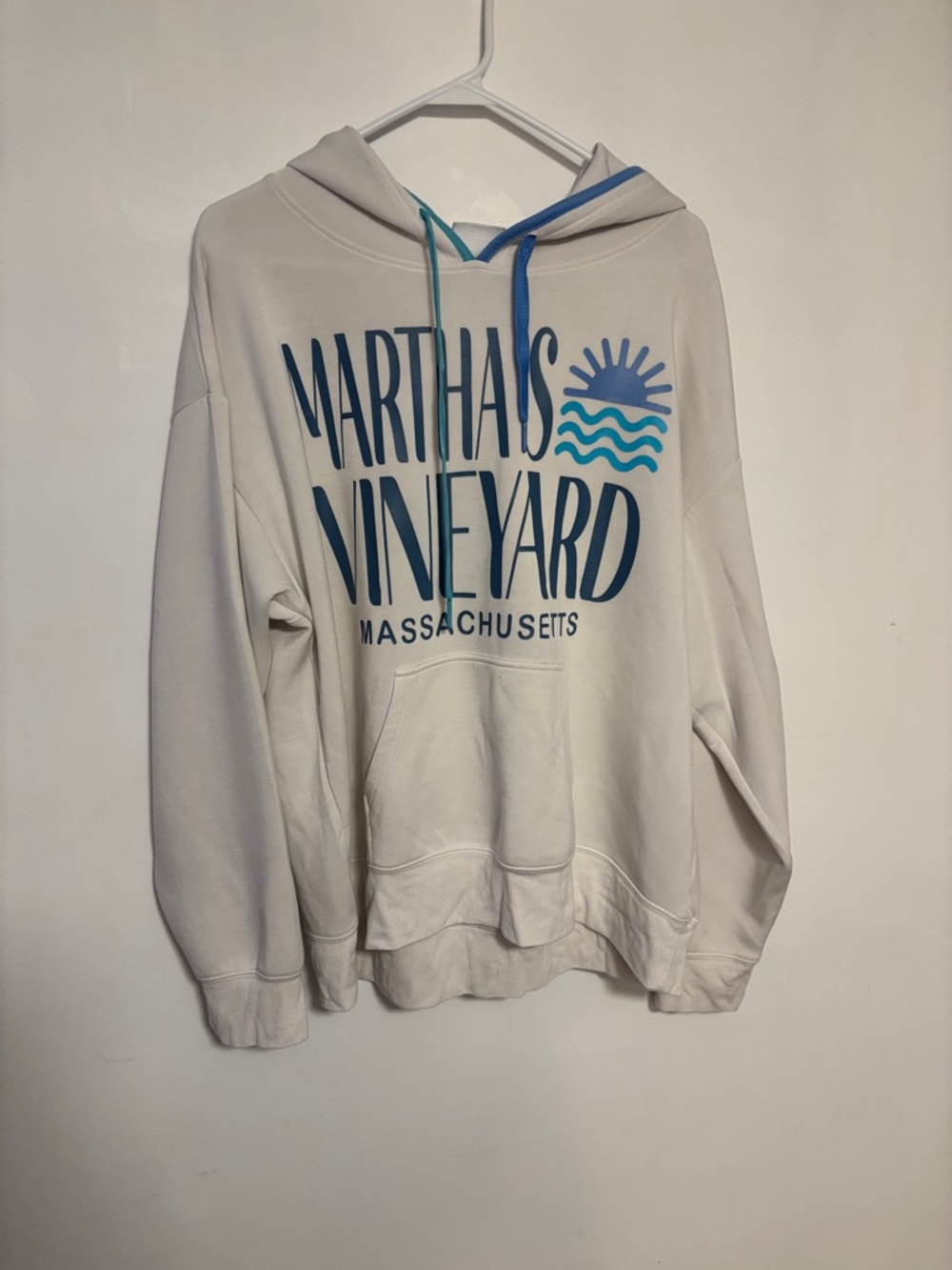 Ocean Drive White Crewneck Hoodie with Teal and Blue Graphic
